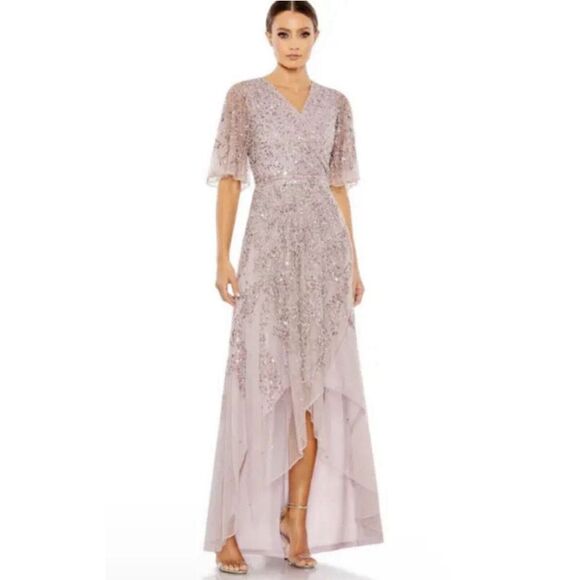 Mac Duggal 93681 SEQUINED BUTTERFLY SLEEVE HIGH LOW GOWN...